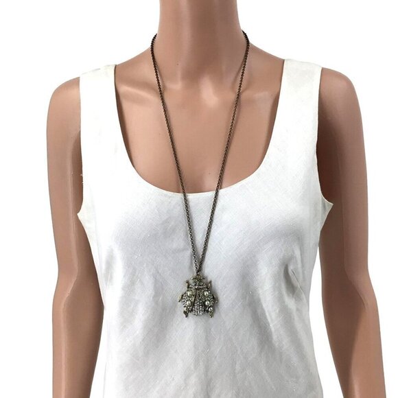 Beetle Pendant Necklace Antique Gold Tone Faux Pearl Detail Rhinestone Inlay - Picture 3 of 3